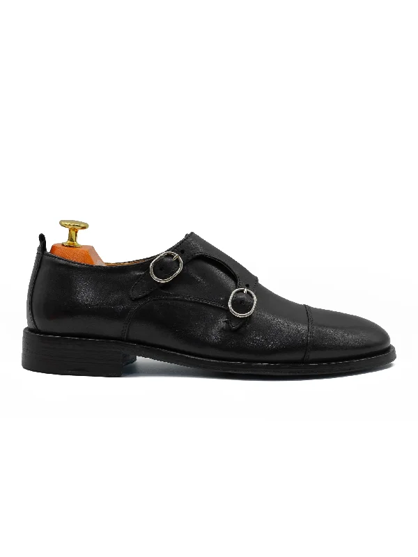 BLACK ITALIAN CALFSKIN DOUBLE BUCKLE MONK LOAFER