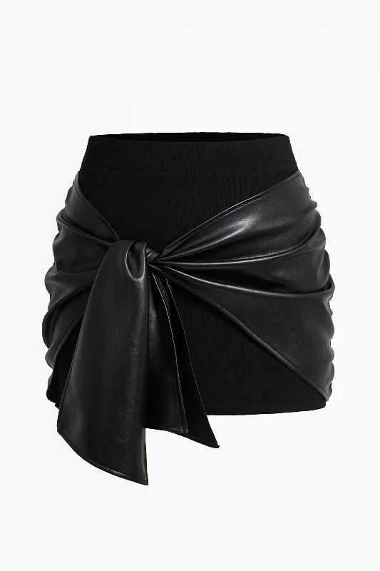 Plus Size Faux Leather Tie Front Patchwork Skirt