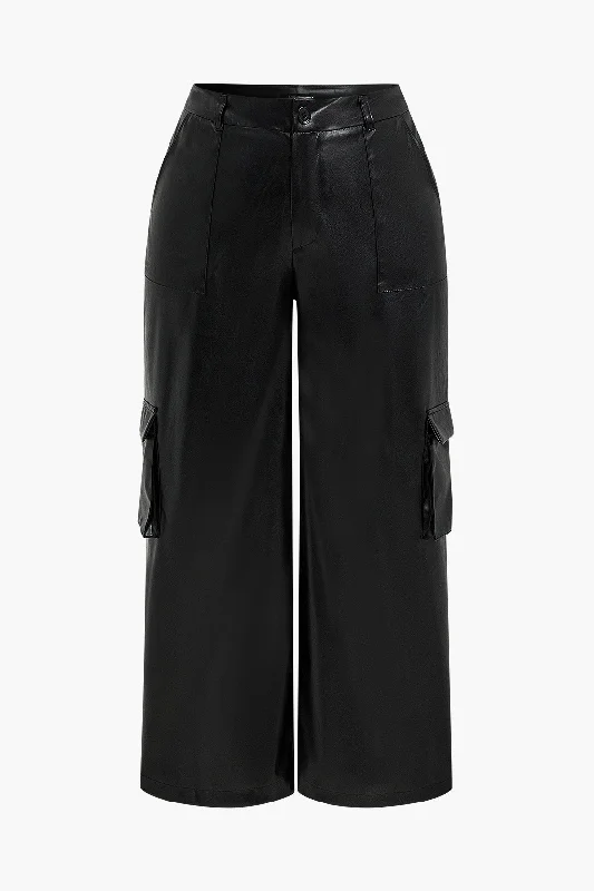 Plus Size Solid Faux Leather Wide Leg Pants Pocket Trousers