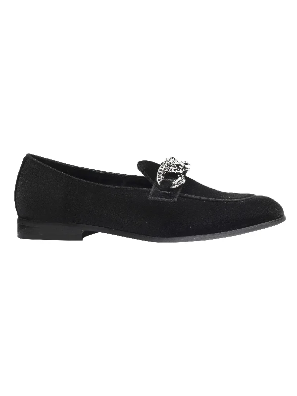 BLACK VELVET LOAFERS WITH DIAMOND CHAIN BUCKLE