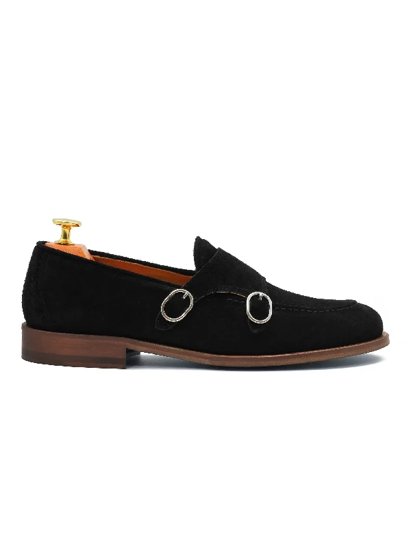 BLACK ITALIAN SUEDE DOUBLE BUCKLE MONK LOAFER