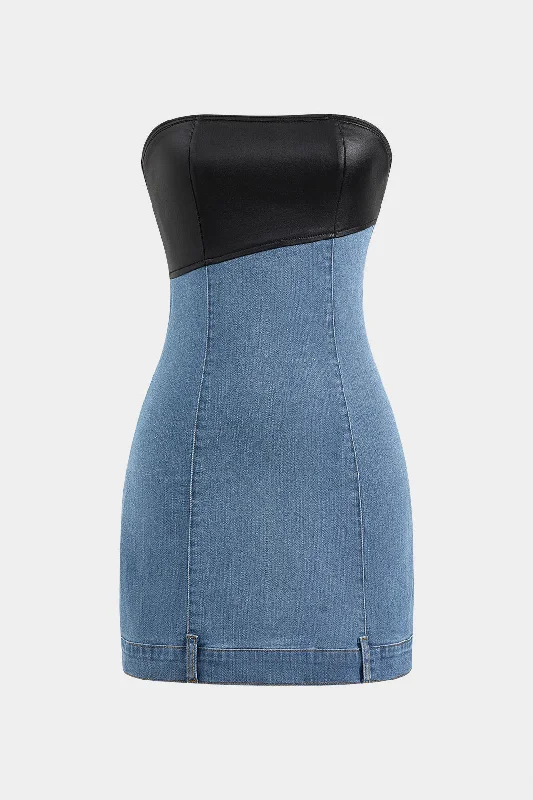 Faux Leather Denim Patchwork Zipper Strapless Denim Dress