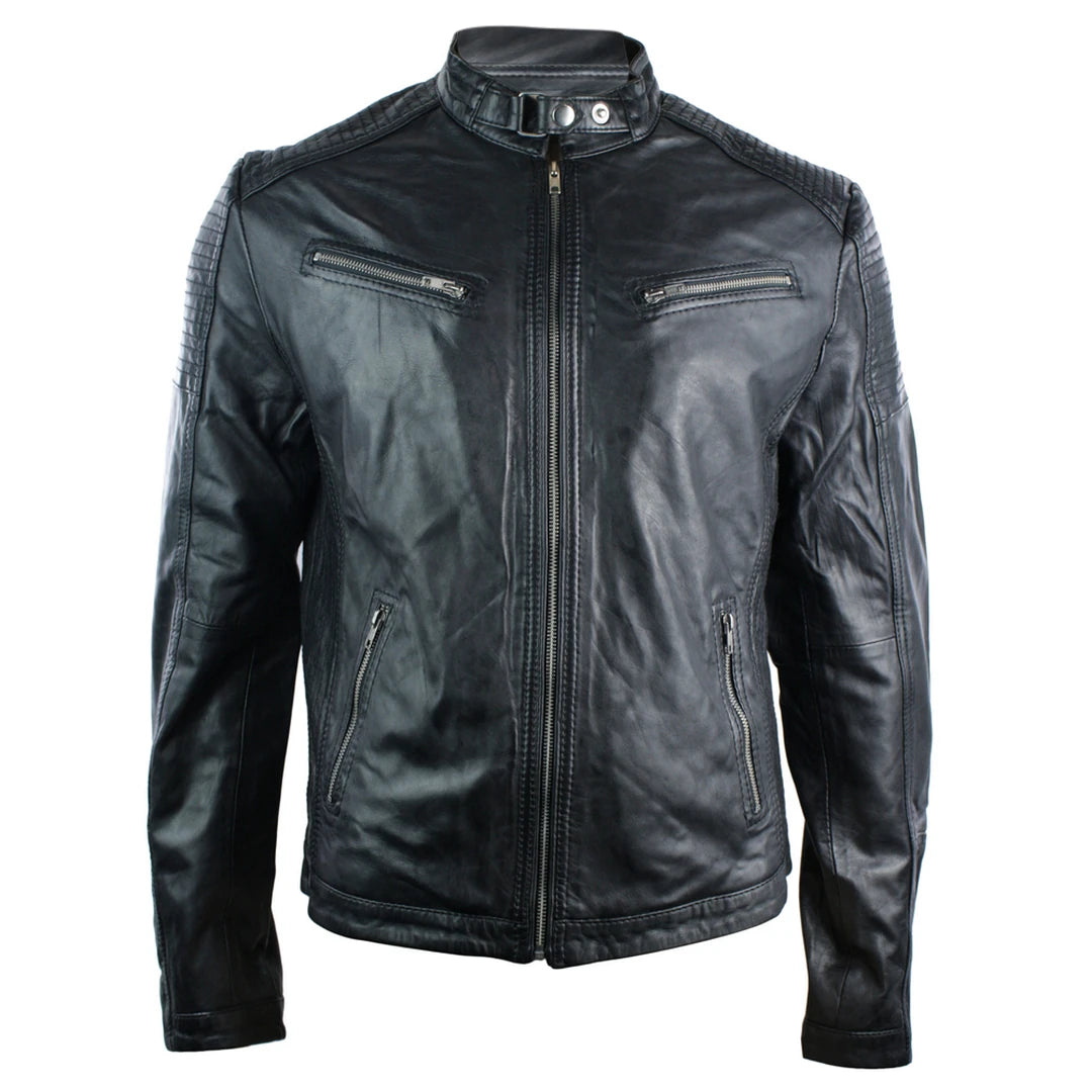 Men's Washed Leather Fitted Short Biker Jacket