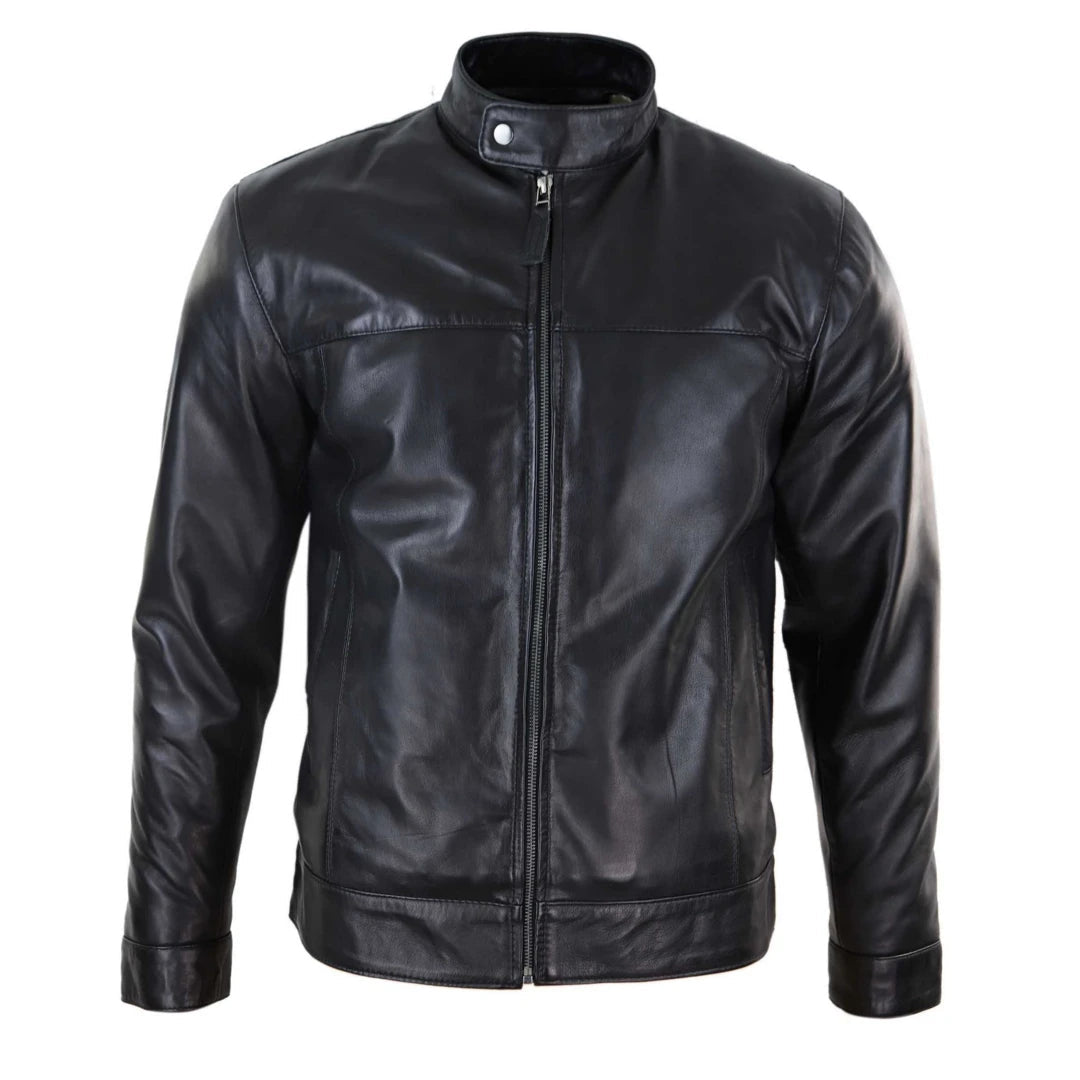 Men's Classic Zip Leather Jacket Nehru Grandad Collar Biker Style