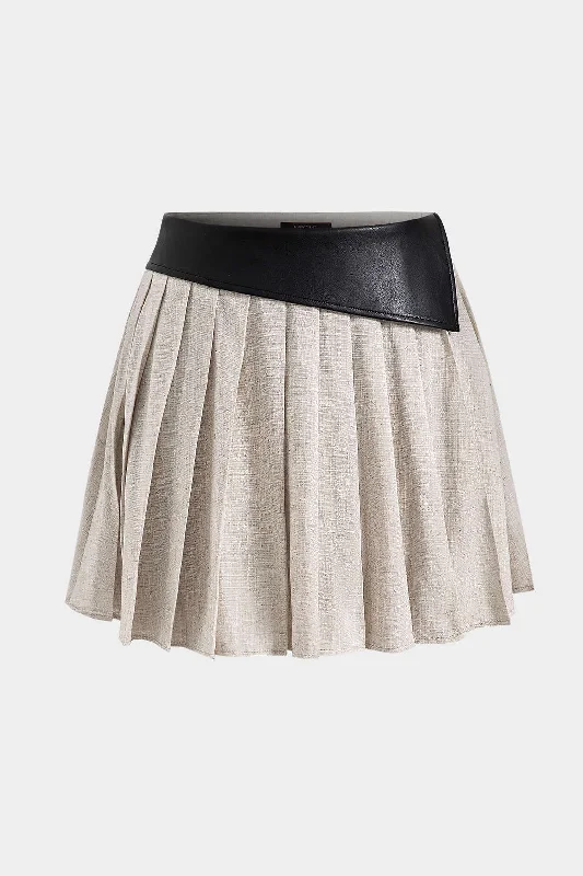 Faux Leather Linen High Waist Pleated Patchwork Skirt