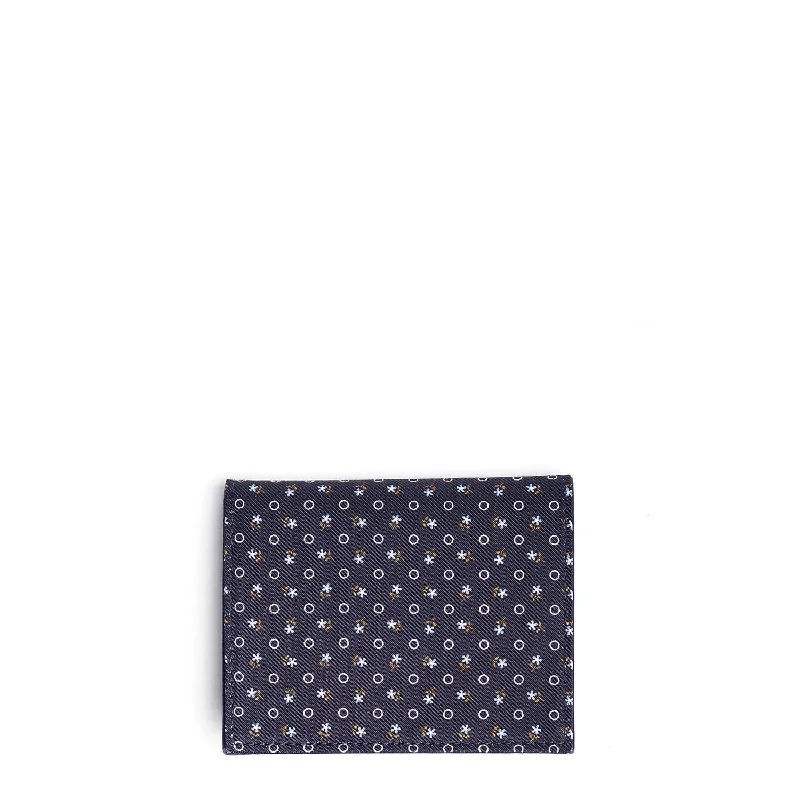 DARK BLUE SILK AND LEATHER FOLDING CARD HOLDER