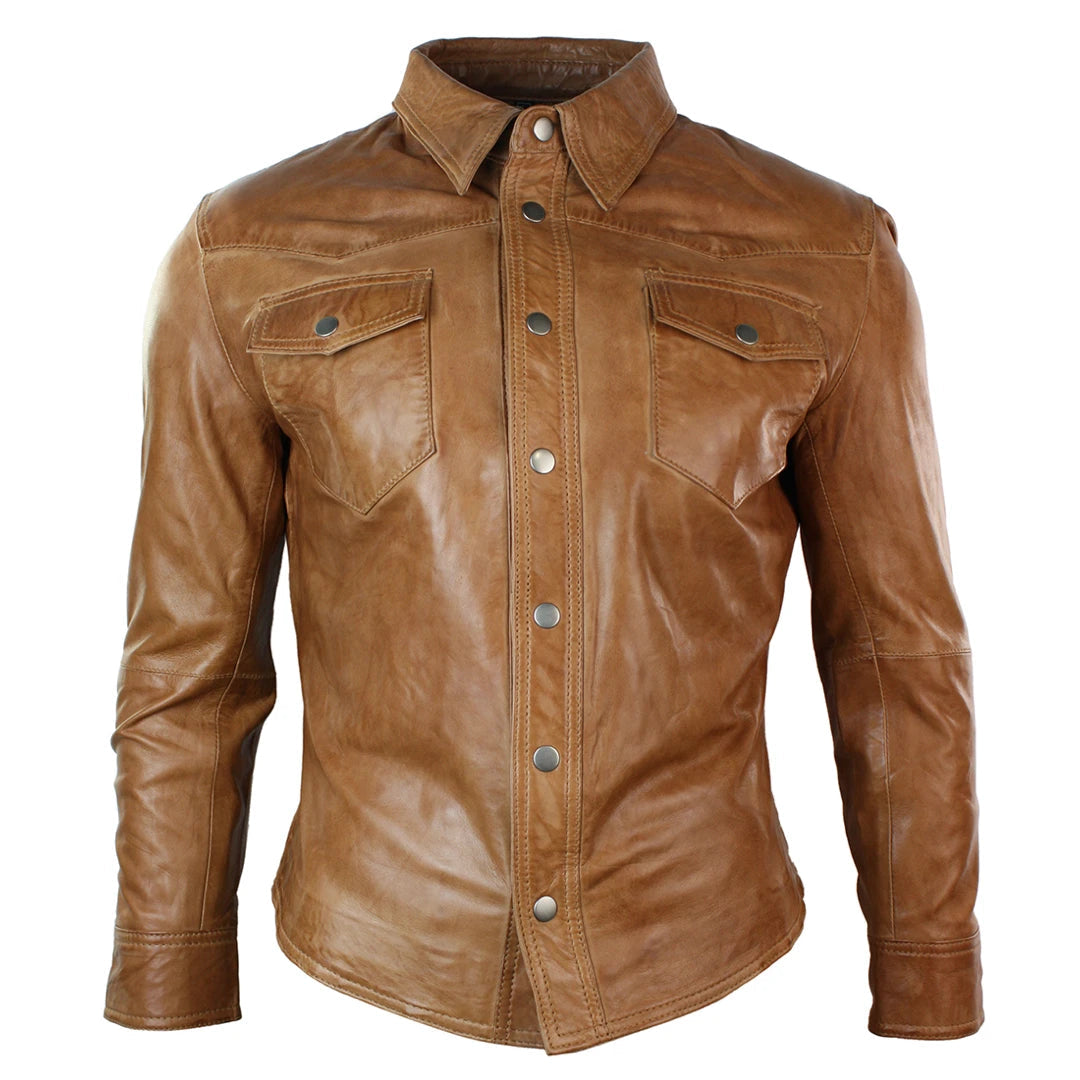 Men's Leather Shirt Jacket Tan Brown Black