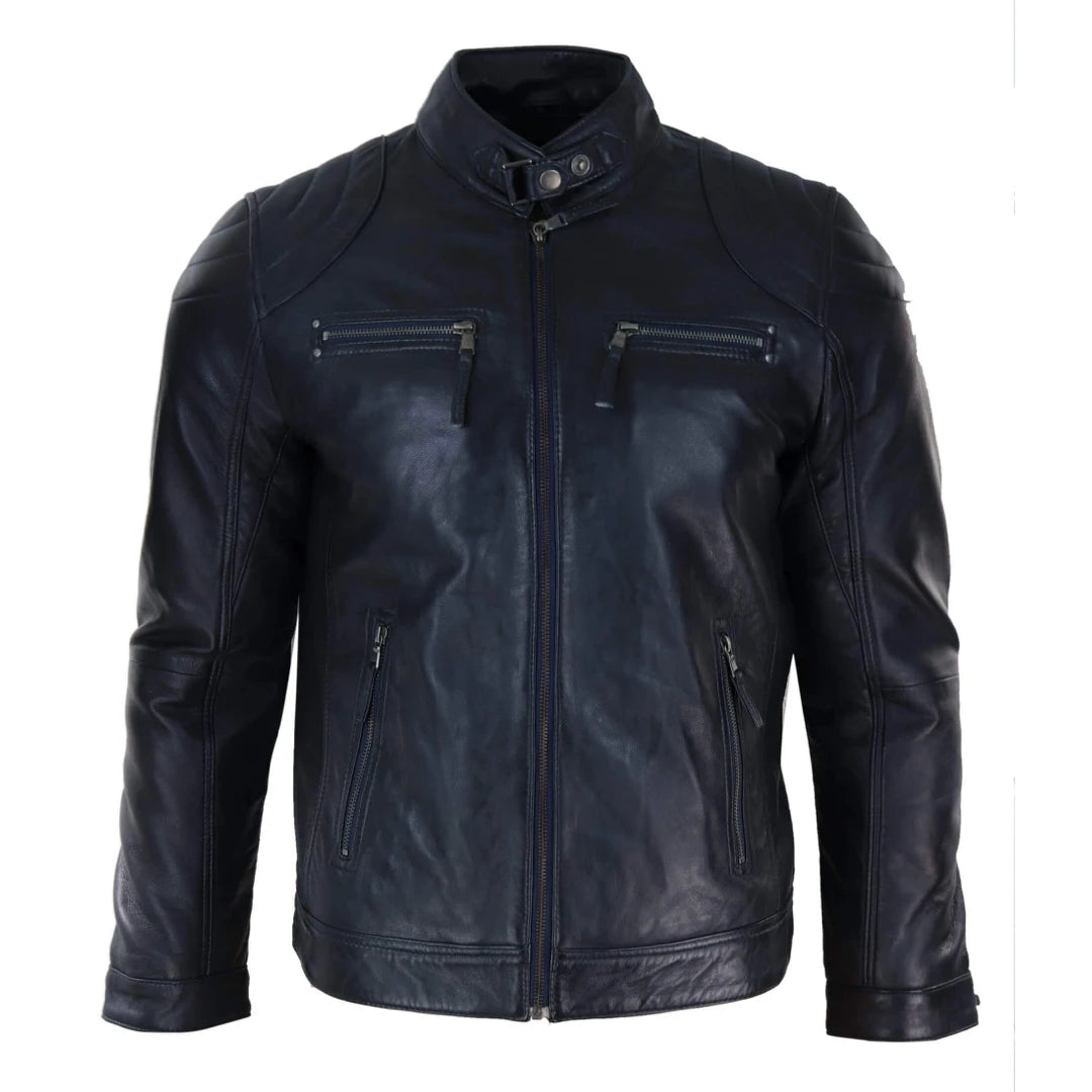 Men's Biker Zip Jacket Leather Light Short Classic Motorcycle