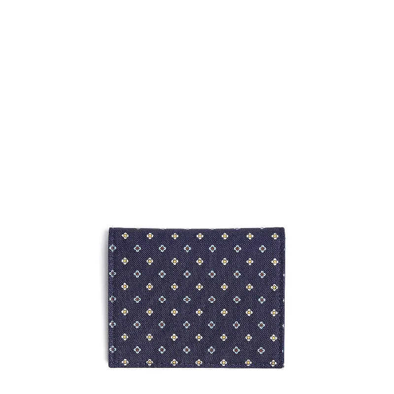 DARK BLUE SILK AND LEATHER FOLDING CARD HOLDER