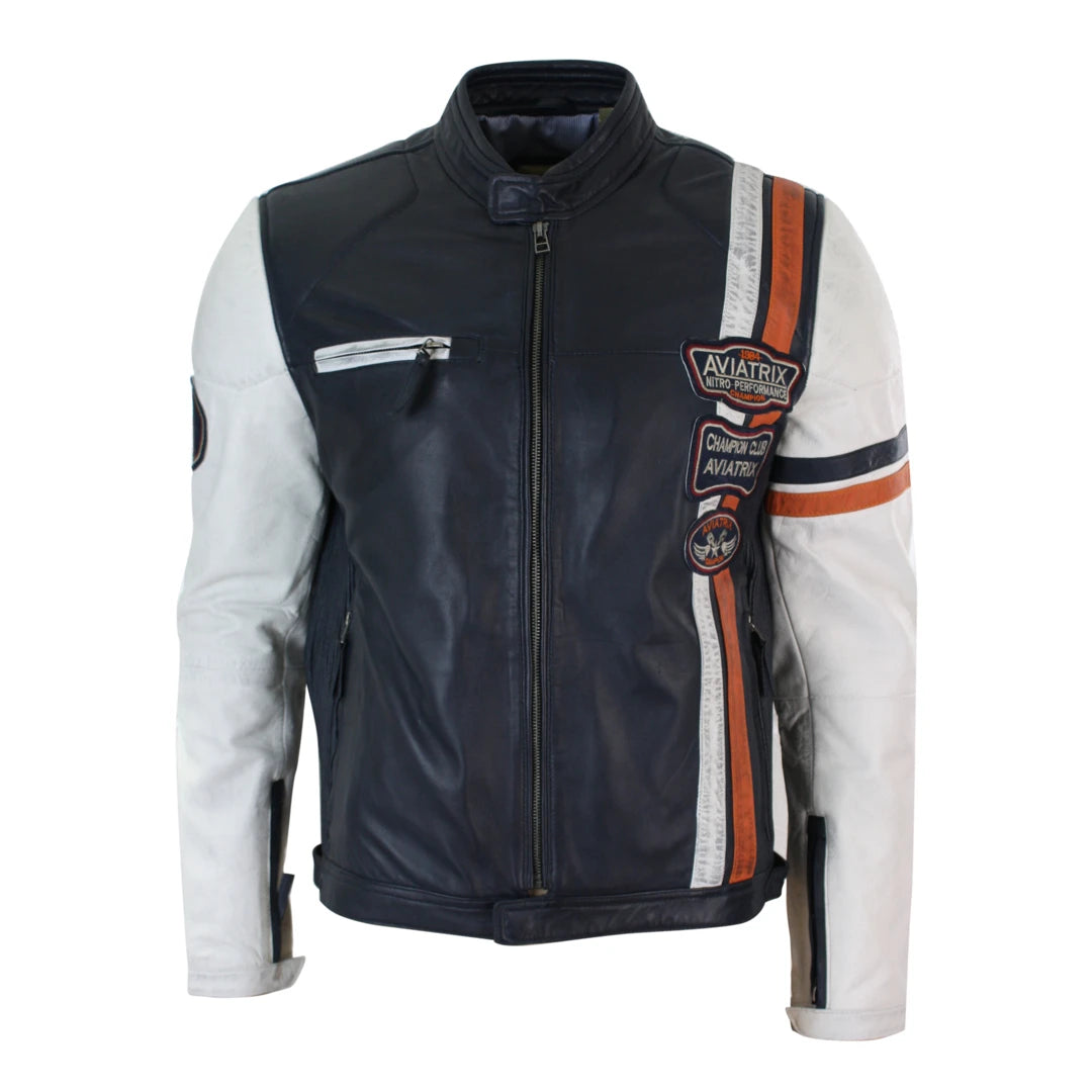 Men's Navy Blue White Leather Biker Jacket Badge