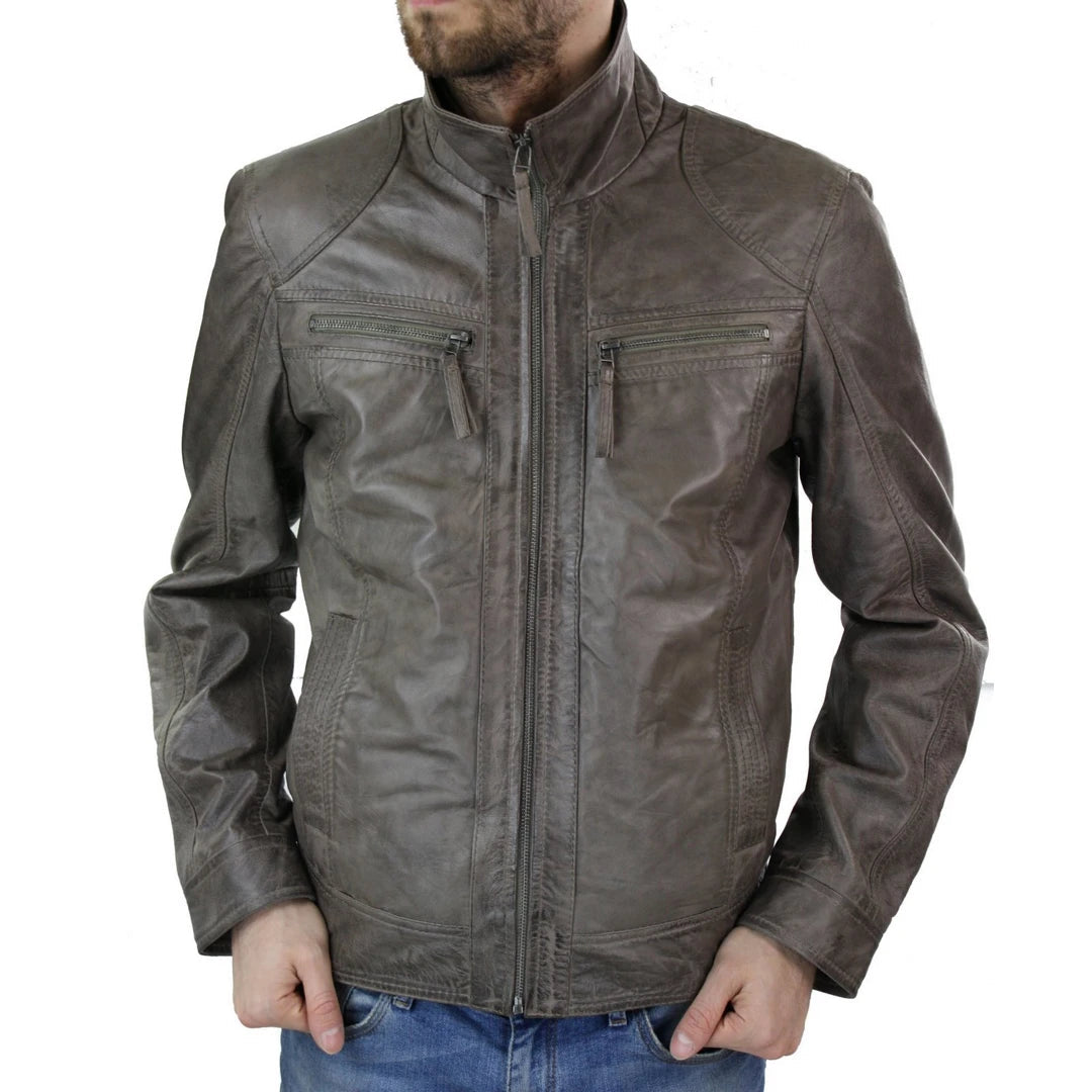 Men's Grey Leather Jacket  Biker Box Style Zipped Casual Retro