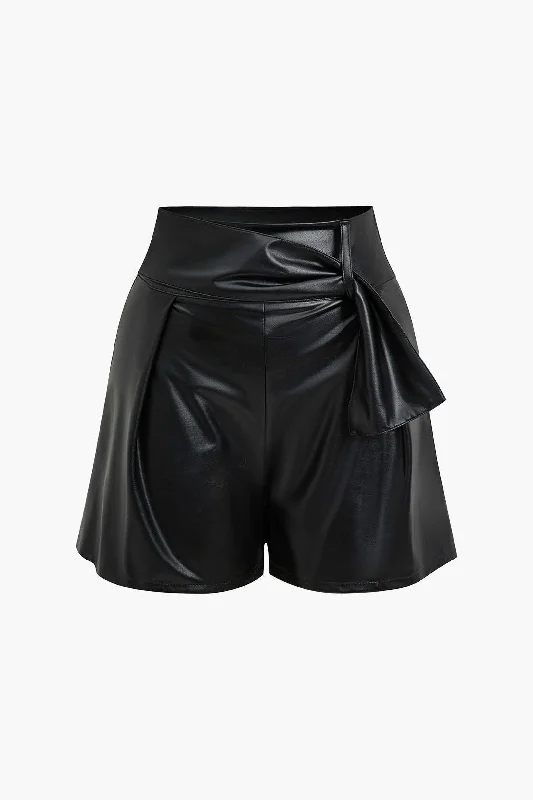 Solid Faux Leather Asymmetrical Zipper Shorts