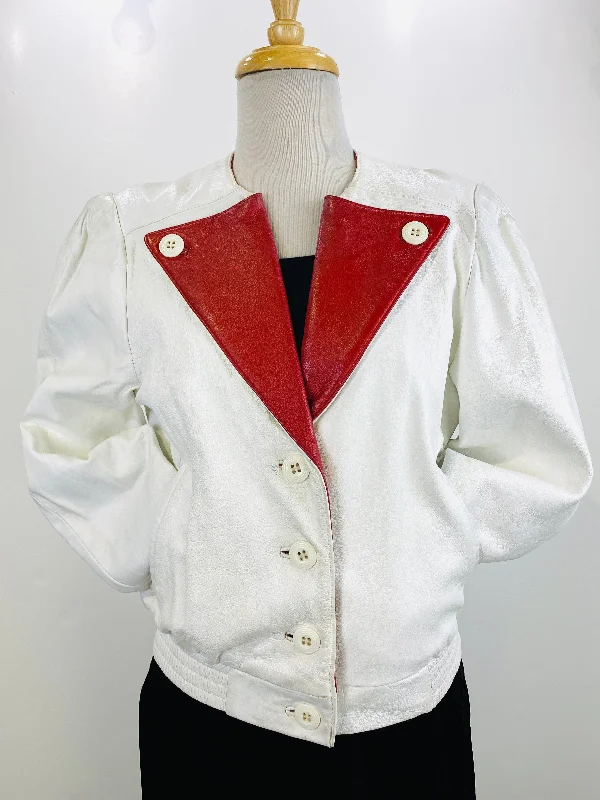 Vintage 1980s Women's White/ Red Leather Jacket, Medium