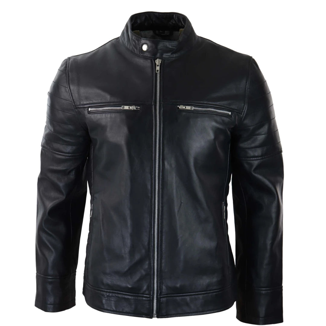 Men's Black Leather Jacket Short Zipped Biker Classic