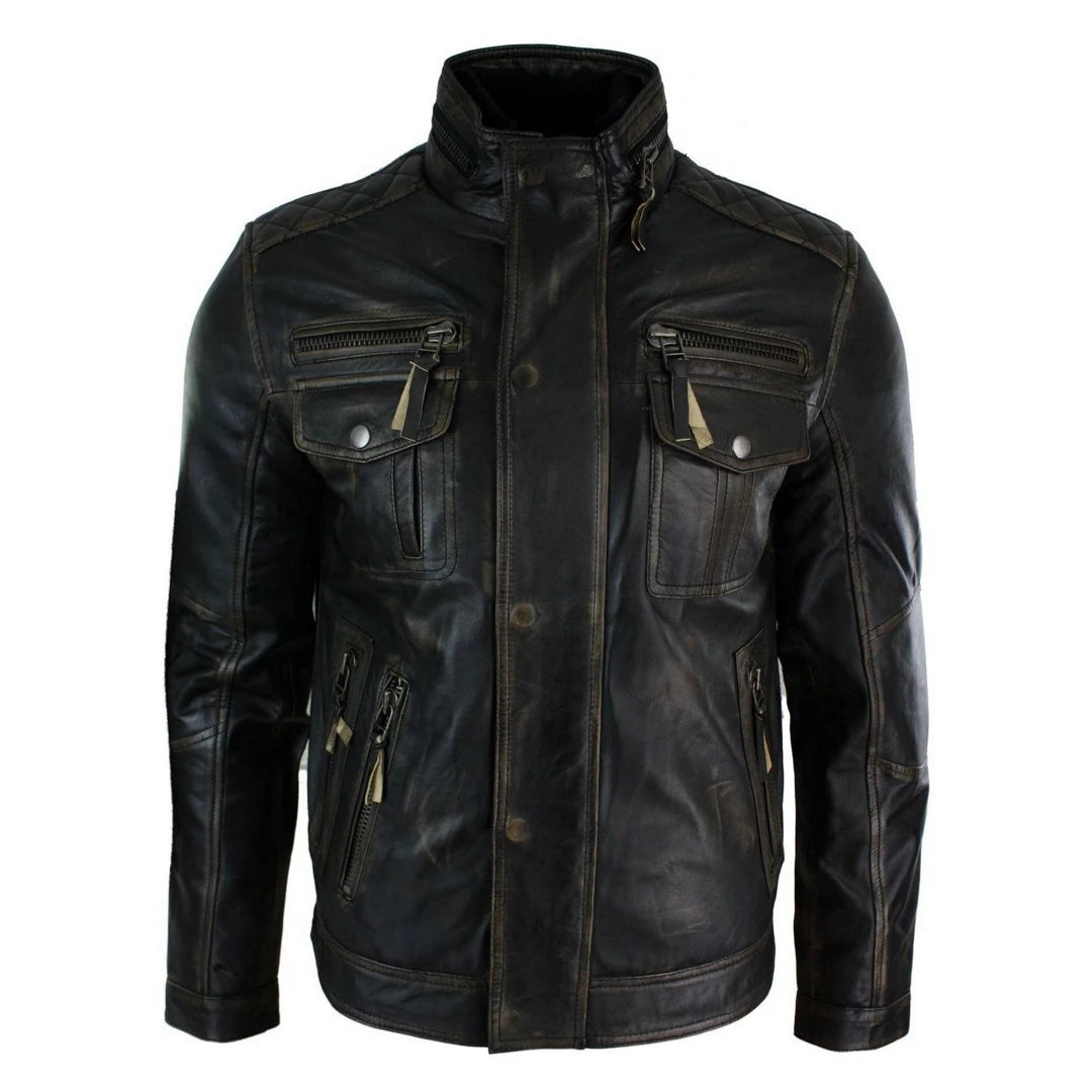 Men's Distressed Ruboff Black Brown Military Leather Jacket