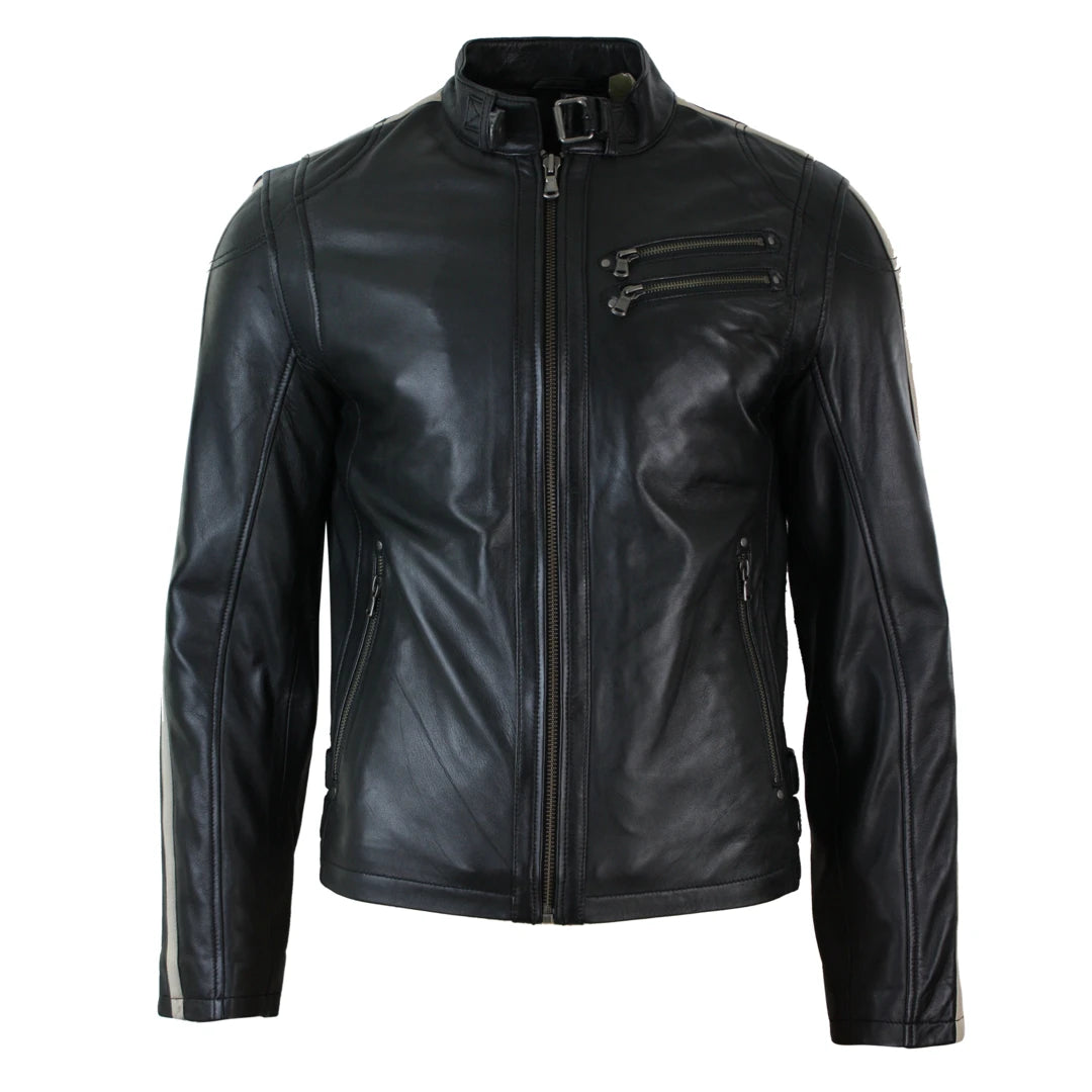 Men's Short Leather Biker Racing Jacket Stripes Sleeves Zipped