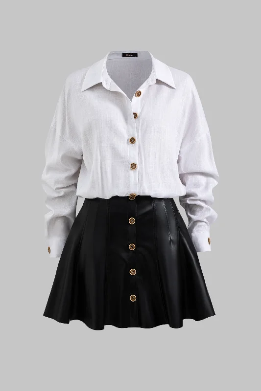 Faux Leather Linen Patchwork Button Long Sleeve Mini Dress