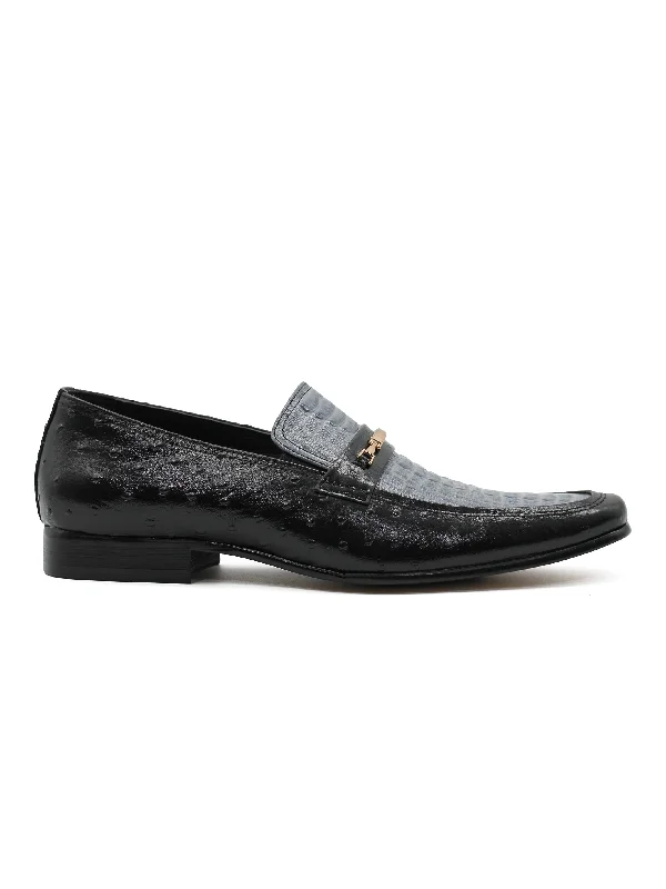 BLACK & BLUE LEATHER CROC PRINT LOAFERS