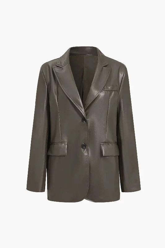 Faux Leather Buttoned Notched Lapel Blazer