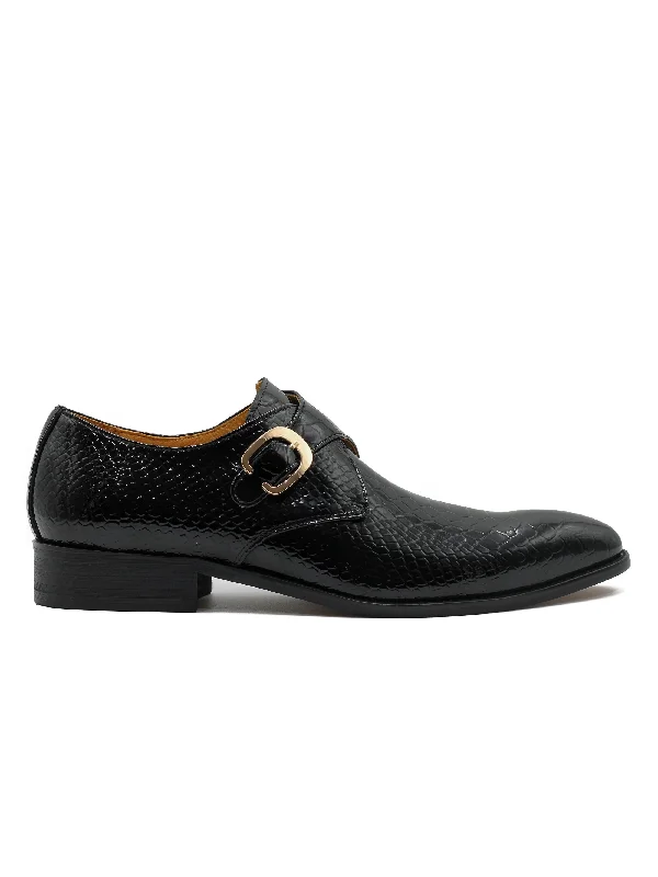 BLACK CROC PRINT PATENT LEATHER MONK SHOES