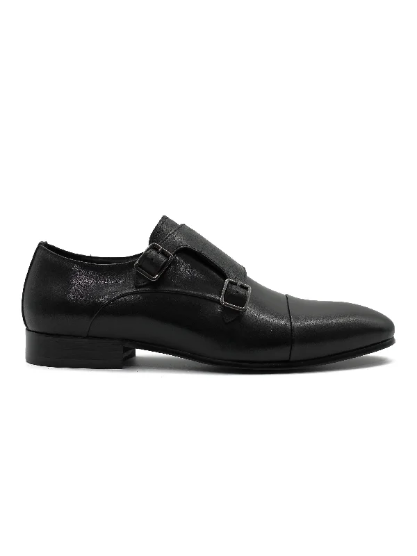 BLACK LEATHER DOUBLE MONK SHOES