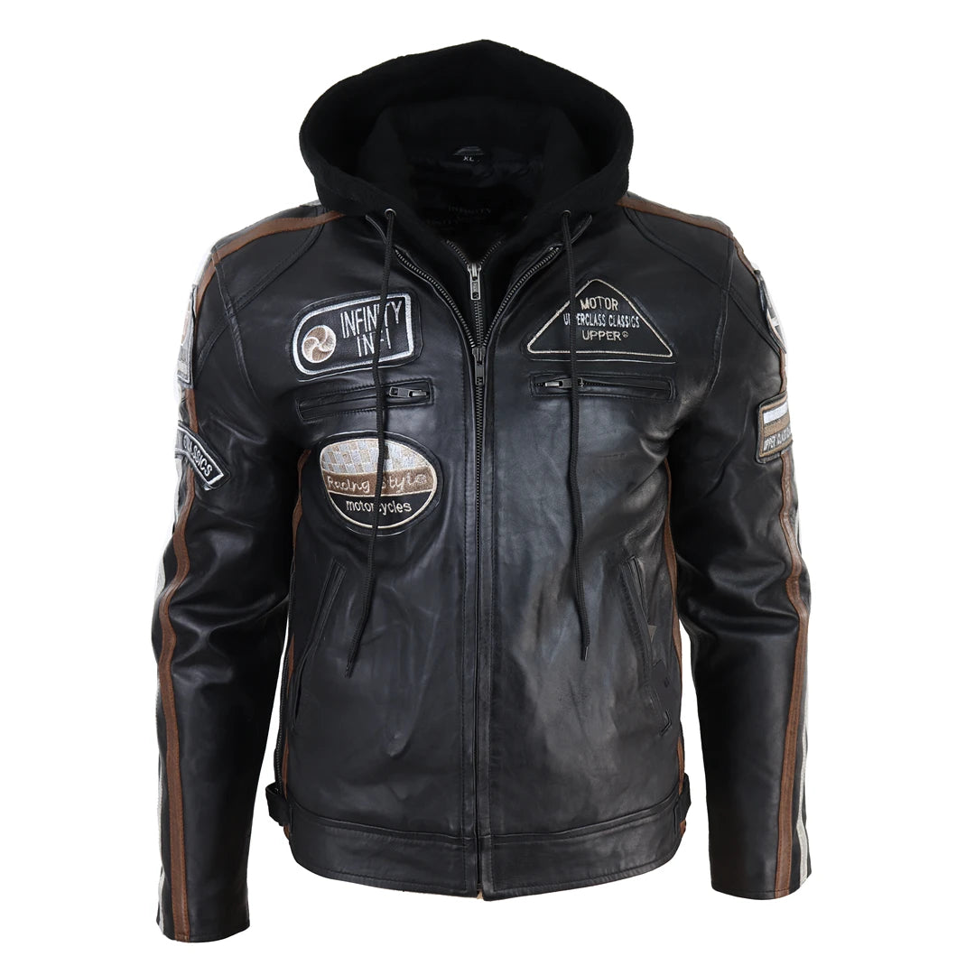 Men's Hooded Zipped Biker Leather Jacket