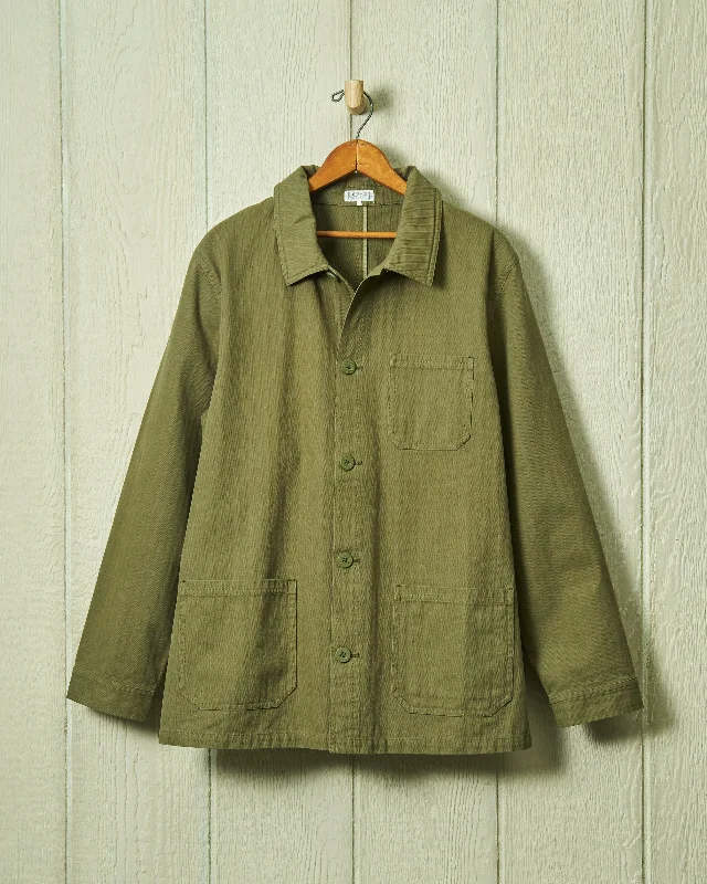 Classic Retro French Workman’s Jacket in Olive Herringbone