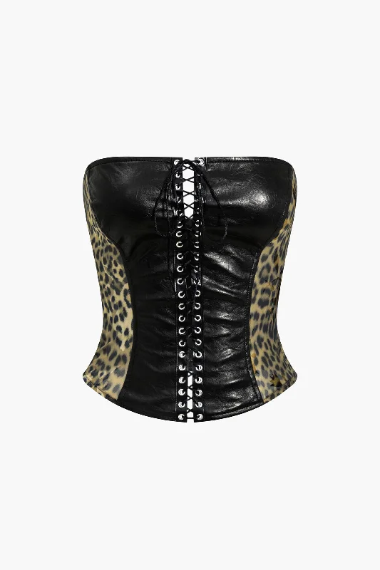 Leopard Faux Leather Patchwork Tube Top