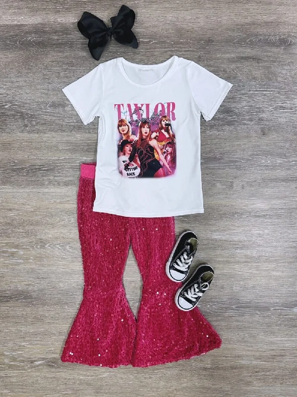 TS Nation Hot Pink Sequin Bell Bottoms Girls Outfit