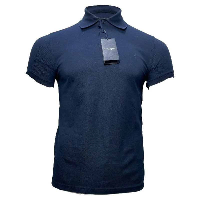 Noble And Elegant Saint Laurent Cassandre Embroidered-Logo Polo Shirt in Navy Blue Cotton Noble And Elegant Saint Laurent Cassandre Embroidered-Logo Polo Shirt in Navy Blue Cotton