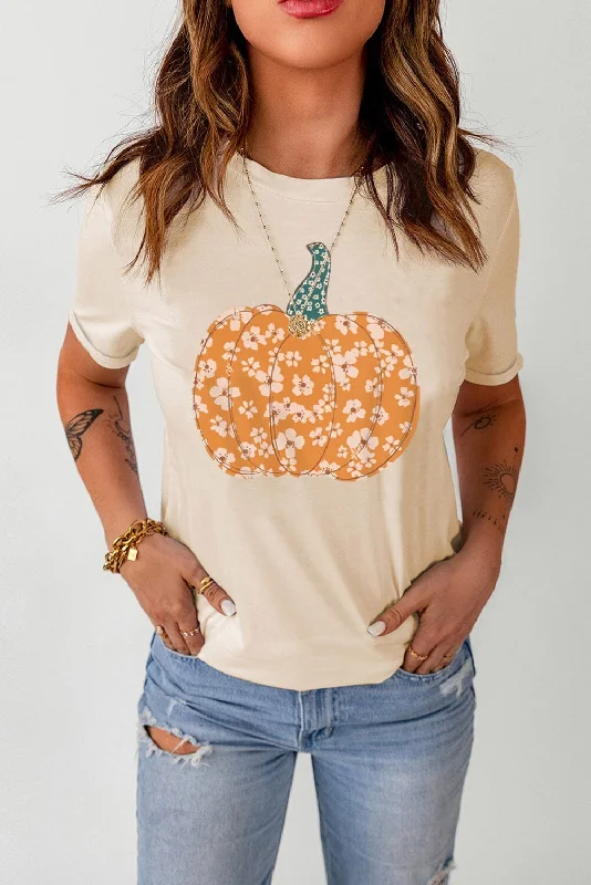 Floral Pumpkin Graphic Cuffed Sleeve T-Shirt