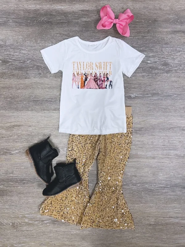 Enchanted Concert Gold Sequin Bell Bottom Girls Outfit