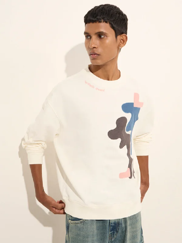 Nuon Off-White Abstract Print Relaxed-Fit Cotton Sweatshirt