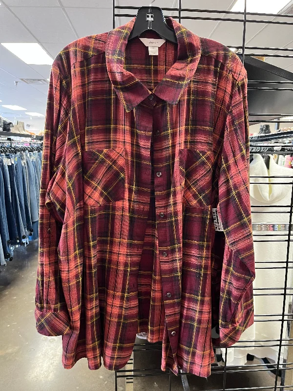 Moisture wicking Top Long Sleeve By Cj Banks In Plaid Pattern, Size: 3x