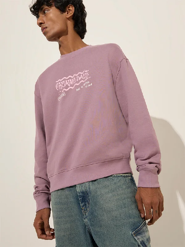 Nuon Lilac Text Design Relaxed-Fit Cotton Sweatshirt