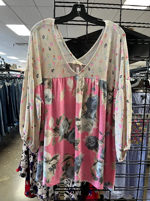 Innovative Design Top Long Sleeve By Oddi In Cream & Pink, Size: 3x