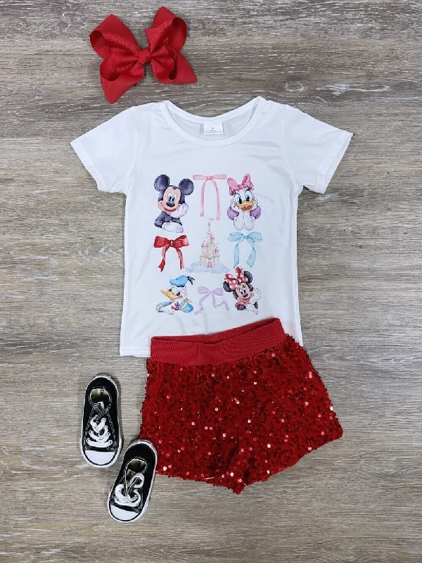 Theme Park Bows Girls Red Sequin Shorts Outfit