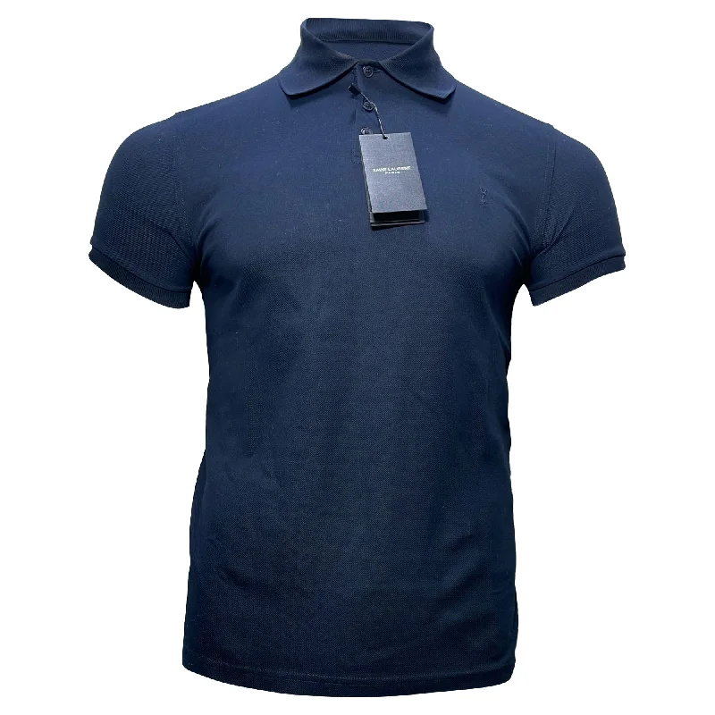 Sports Trend Saint Laurent Cassandre Embroidered-Logo Polo Shirt in Navy Blue Cotton Sports Trend Saint Laurent Cassandre Embroidered-Logo Polo Shirt in Navy Blue Cotton
