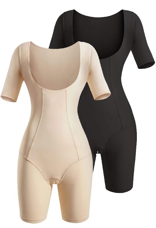Trendy Items Open Bust Short Sleeve Shaping Bodysuit with Shorts - 2 Pack
