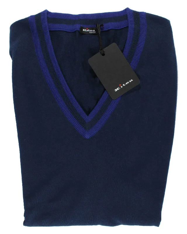 Kiton Silk Vest Dark Blue Purple V-Neck - Sleeveless Sweater EU 50 / M SALE