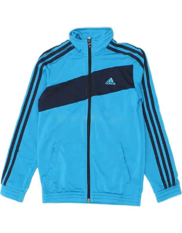 Soft Textures ADIDAS Boys Graphic Tracksuit Top Jacket 9-10 Years Blue Colourblock