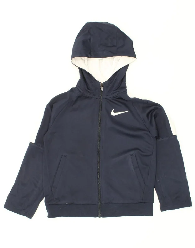 Sporty Wear NIKE Boys Zip Hoodie Sweater 6-7 Years Large Navy Blue Colourblock