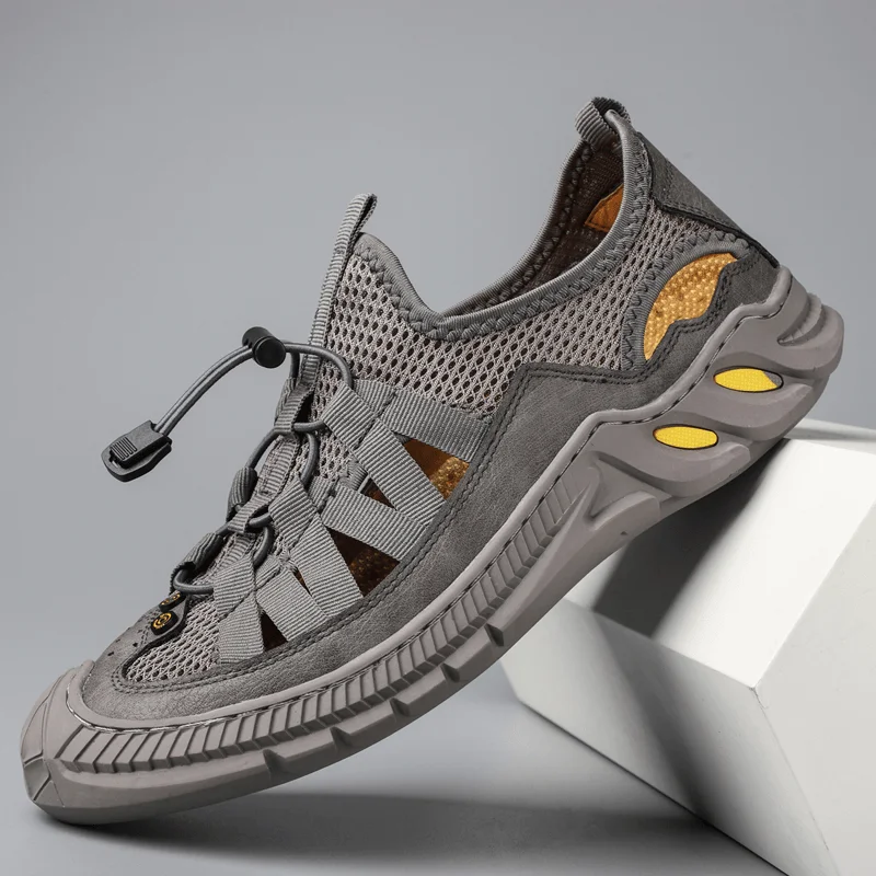 Leisure Sports Men Leather Mesh Breathable Non Slip Soft Bottom Comfy Outdoor Casual Shoes