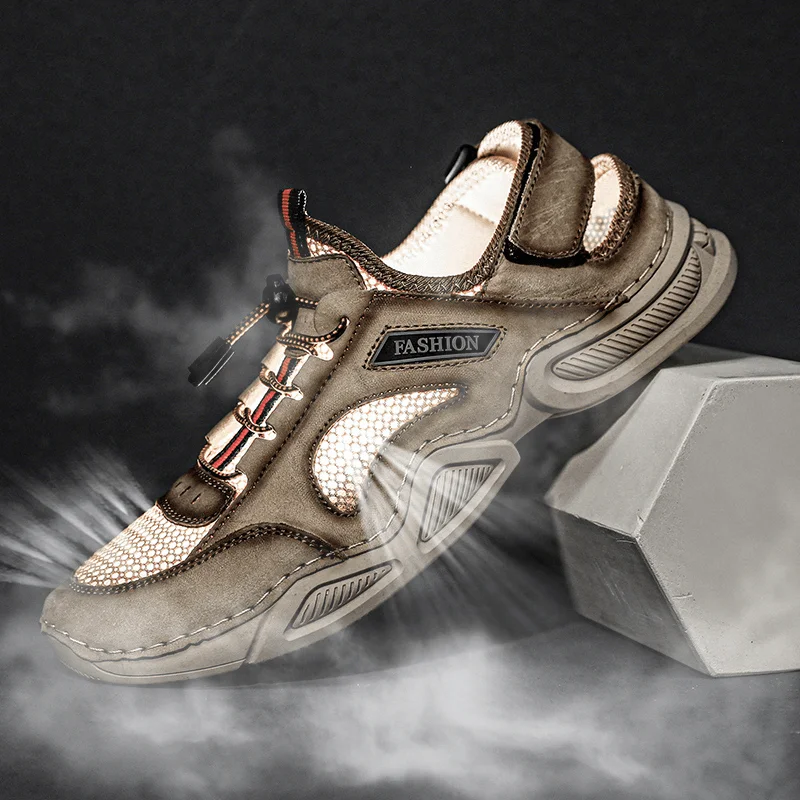 Classic Series Men Cowhide Mesh Breathable Non Slip Soft Elastic Band Casual Sports Shoes
