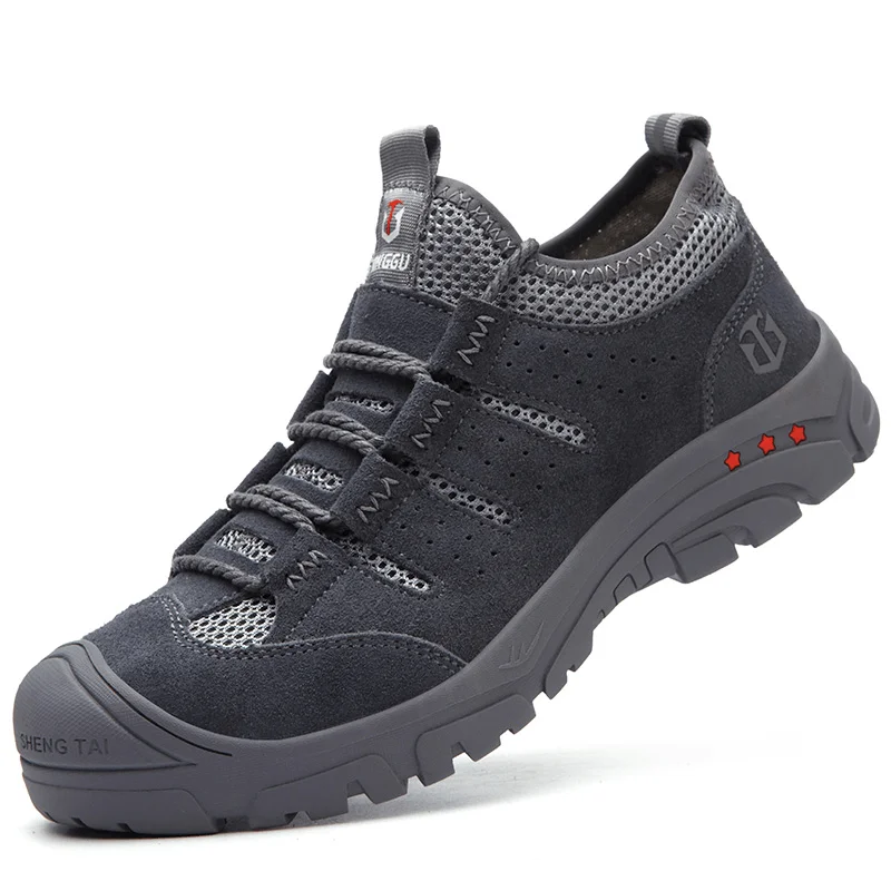 Fashionable And Fashionable Men Mesh Breathable Hollow Out Splicing Non Slip Toe Protected Casual Working Shoes