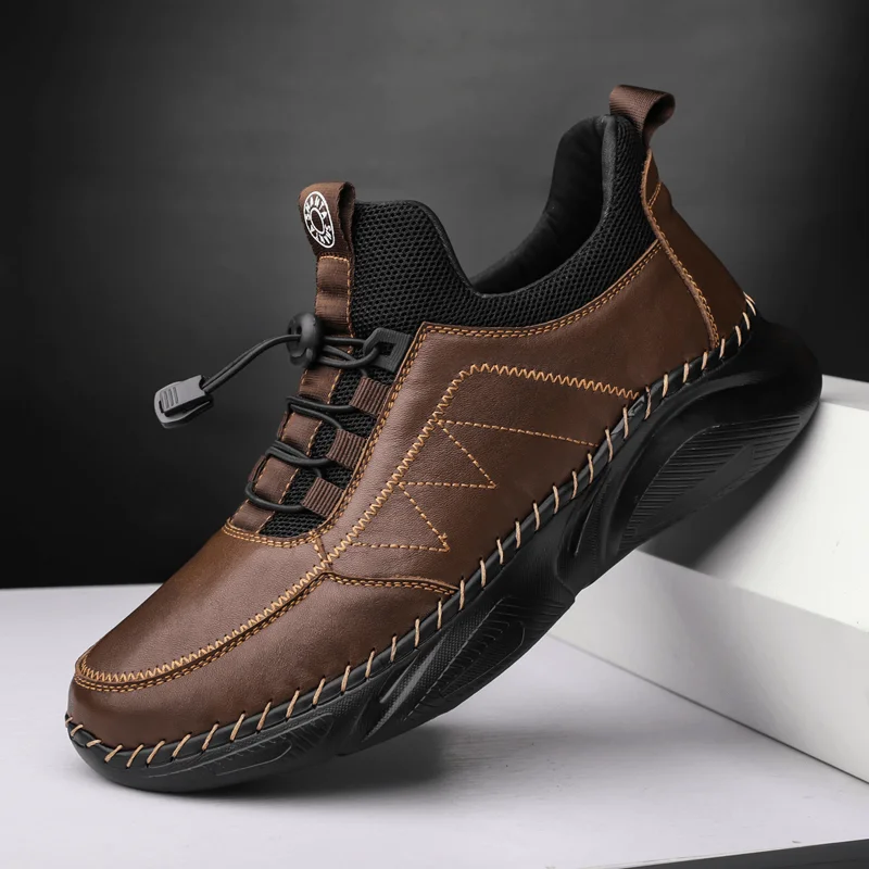 Classic Style Comfy Cowhide Leather Sport Shoes for Men: Lightweight & Soft with Elastic Band Closure