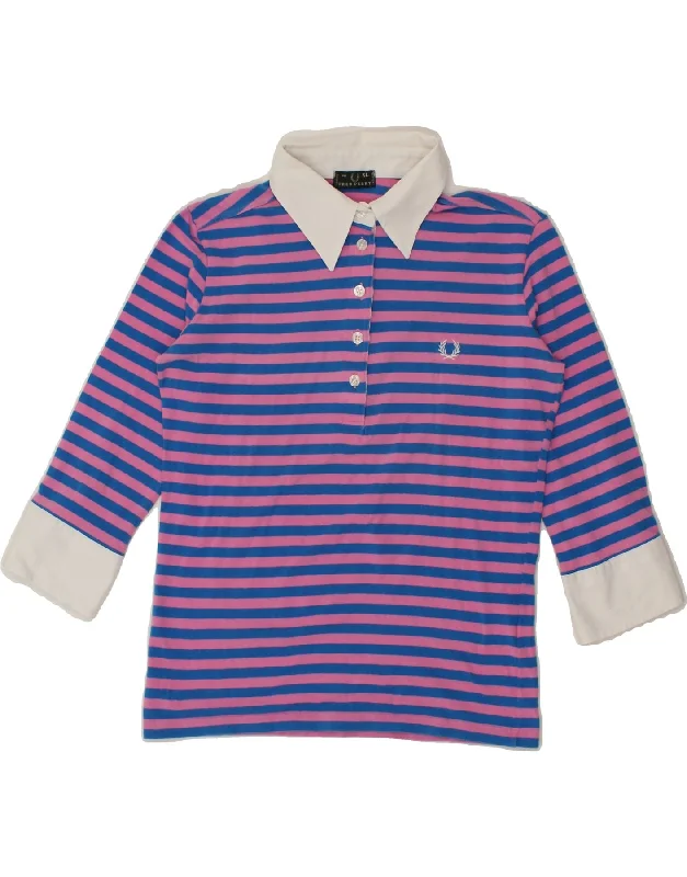 Casual Fit FRED PERRY Girls 3/4 Sleeve Polo Shirt 10-11 Years XL Blue Striped Cotton