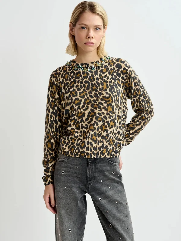 Maglia Animalier con Paillettes e Pietre Nero