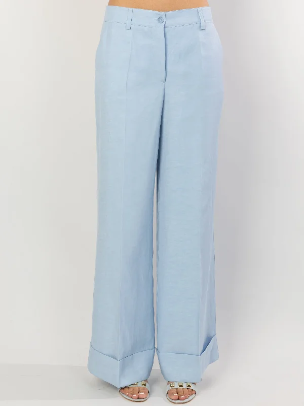 Pantaloni Palazzo in Lino con Risvolto Azzurro Polvere