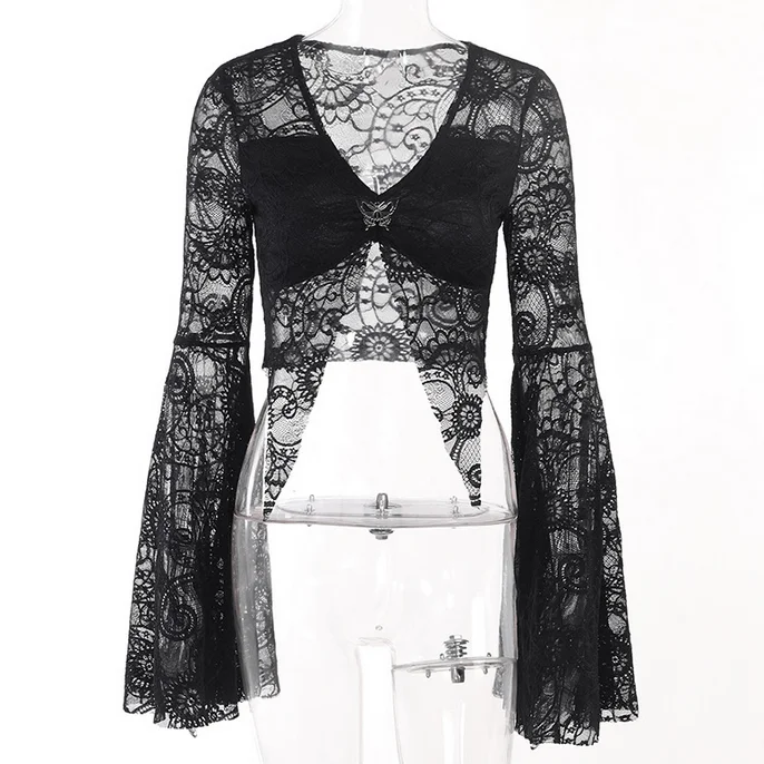 Women's Gothic Flared Sleeved Plunging Lace Cape